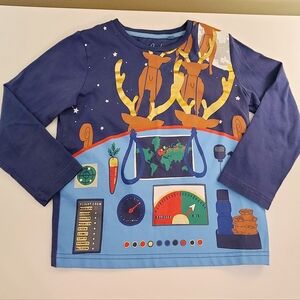 Mini Boden Santa'a Sleigh With Reindeer Long Sleeve Shirt In Navy Size 5-6
